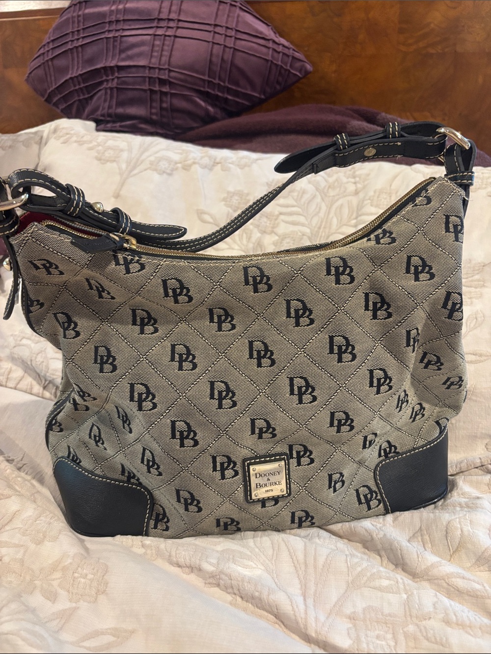Dooney & Bourke Beige Monogram Hobo with Black Trim